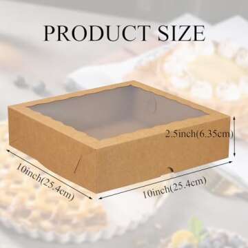 RomanticBaking 50pcs 10x10x2.5 Inches Brown Bakery Boxes with Window Pie Boxes Cookies Boxes Chocolate Covered Strawberries Boxes Breakable Heart Boxes Charcuterie Boxes for Christmas