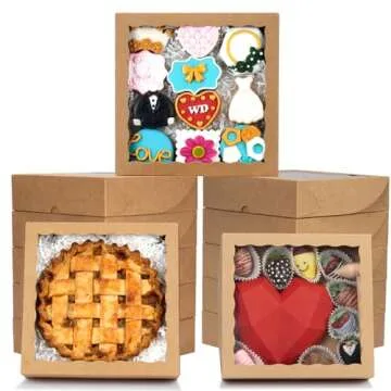 RomanticBaking 50pcs 10x10x2.5 Inches Brown Bakery Boxes with Window Pie Boxes Cookies Boxes Chocolate Covered Strawberries Boxes Breakable Heart Boxes Charcuterie Boxes for Christmas