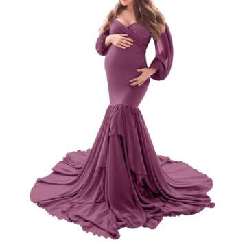 Saslax Long Chiffon Sleeve Tired Mermaid Maternity Dress for Photoshoot Photography Baby Shower Mauv...