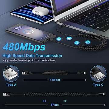USB C Fast Charging Cable for Car & Home- 6ft Coiled Cord