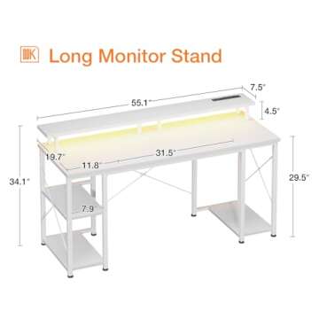 ODK 55 inch Gaming Desk with LED Lights & Power Outlets, Computer Desk with Monitor Stand & Storage Sheves, CPU Stand, Home Office Desk White
