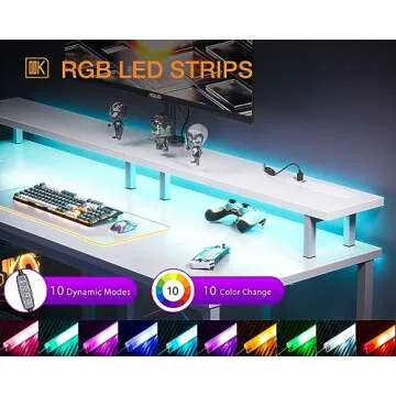 ODK 55 inch Gaming Desk with LED Lights & Power Outlets, Computer Desk with Monitor Stand & Storage Sheves, CPU Stand, Home Office Desk White