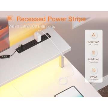 ODK 55 inch Gaming Desk with LED Lights & Power Outlets, Computer Desk with Monitor Stand & Storage Sheves, CPU Stand, Home Office Desk White