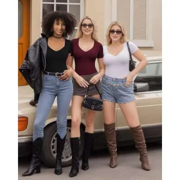 MANGOPOP Sweetheart V Neck Bodysuits for Women Long Short Sleeve Body Suits Tops Shirt