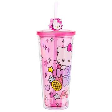 Silver Buffalo Sanrio Hello Kitty Kawaii Cute Hearts and Sparkle Plastic Cold Cup with Lid and Straw...