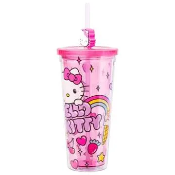 Silver Buffalo Sanrio Hello Kitty Kawaii Cute Hearts and Sparkle Plastic Cold Cup with Lid and Straw Topper, 24 Ounces
