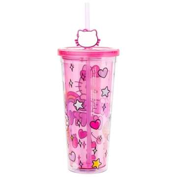 Silver Buffalo Sanrio Hello Kitty Kawaii Cute Hearts and Sparkle Plastic Cold Cup with Lid and Straw Topper, 24 Ounces