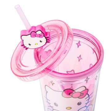 Silver Buffalo Sanrio Hello Kitty Kawaii Cute Hearts and Sparkle Plastic Cold Cup with Lid and Straw Topper, 24 Ounces