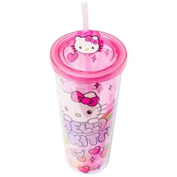 Silver Buffalo Sanrio Hello Kitty Kawaii Cute Hearts and Sparkle Plastic Cold Cup with Lid and Straw Topper, 24 Ounces
