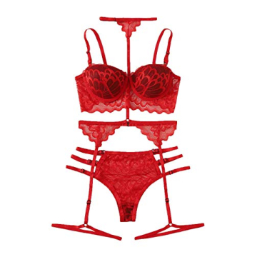 WDIRARA Women's Floral Lace Garter Cutout Lingerie Set