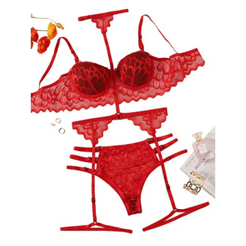 WDIRARA Women's Floral Lace Garter Cutout Lingerie Set