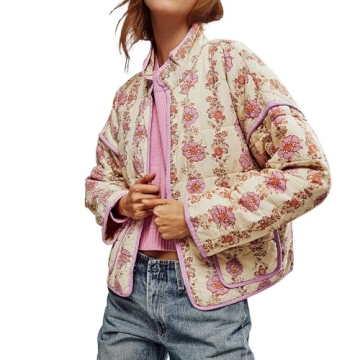 Duyang Women's Cropped Puffer Jacket - Lightweight Floral Quilted Coat for Winter