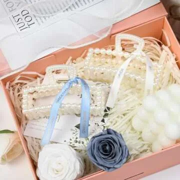 DEEKA Bridesmaid Gifts Set of 8 Bridesmaid Proposal Gift Pearl Bride Hair Clips with Ribbon Large Hair Clips Bachelorette Party Favors Bridal Party Present Gifts (White&Blue)