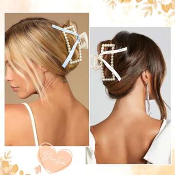 DEEKA Bridesmaid Gifts Set of 8 Bridesmaid Proposal Gift Pearl Bride Hair Clips with Ribbon Large Hair Clips Bachelorette Party Favors Bridal Party Present Gifts (White&Blue)