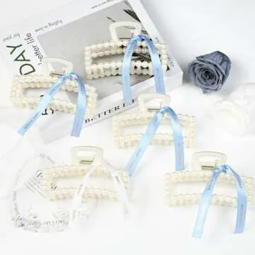 DEEKA Bridesmaid Gifts Set of 8 Bridesmaid Proposal Gift Pearl Bride Hair Clips with Ribbon Large Hair Clips Bachelorette Party Favors Bridal Party Present Gifts (White&Blue)