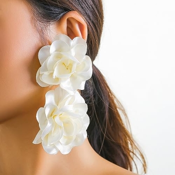 BERYUAN Fashion Bohemian Big Flower Earrings Fabric Flower Dangle Drop Earrings Large Fabric Flower Earrings for Women Wedding Party Jewelry Accessories (off-white)