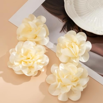 BERYUAN Fashion Bohemian Big Flower Earrings Fabric Flower Dangle Drop Earrings Large Fabric Flower Earrings for Women Wedding Party Jewelry Accessories (off-white)