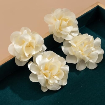 BERYUAN Fashion Bohemian Big Flower Earrings Fabric Flower Dangle Drop Earrings Large Fabric Flower Earrings for Women Wedding Party Jewelry Accessories (off-white)
