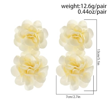 BERYUAN Fashion Bohemian Big Flower Earrings Fabric Flower Dangle Drop Earrings Large Fabric Flower Earrings for Women Wedding Party Jewelry Accessories (off-white)