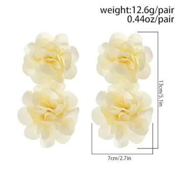 BERYUAN Fashion Bohemian Big Flower Earrings Fabric Flower Dangle Drop Earrings Large Fabric Flower Earrings for Women Wedding Party Jewelry Accessories (off-white)