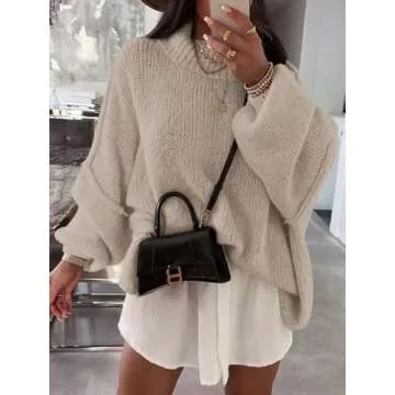 Saodimallsu Womens Oversized Sweaters Mock Neck Batwing Long Sleeve 2024 Fall Trendy Ribbed Knit Casual Tunic Sweater Khaki