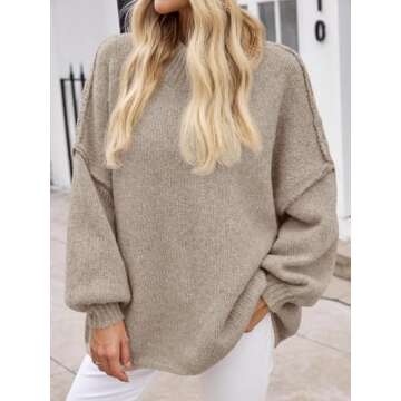 Saodimallsu Womens Oversized Sweaters Mock Neck Batwing Long Sleeve 2024 Fall Trendy Ribbed Knit Casual Tunic Sweater Khaki