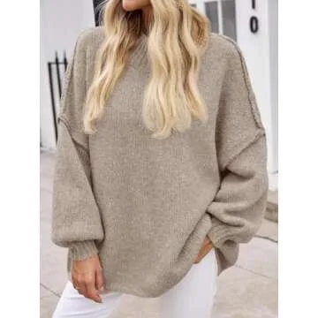 Saodimallsu Womens Oversized Sweaters Mock Neck Batwing Long Sleeve 2024 Fall Trendy Ribbed Knit Casual Tunic Sweater Khaki