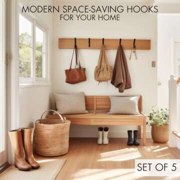 Decorative Coat Hooks For Wall Mount Set of 5 - Stylish and Sturdy Black Metal Double Hooks Are Perf...