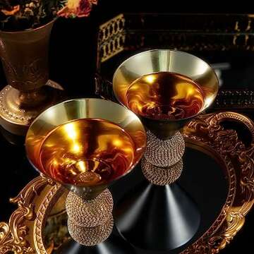 Diamond Studded Martini Glasses Set of 2 Black & Gold Stemless Rimmed Modern Cocktail Glass , Rhines...