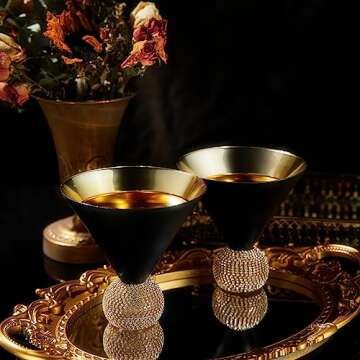 Diamond Studded Martini Glasses Set of 2 Black & Gold Stemless Rimmed Modern Cocktail Glass , Rhinestone Diamonds With Stemless Crystal Ball Base , Bar or Party 10 . 5oz , Shiny Style Crystals