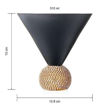 Diamond Studded Martini Glasses Set of 2 Black & Gold Stemless Rimmed Modern Cocktail Glass , Rhinestone Diamonds With Stemless Crystal Ball Base , Bar or Party 10 . 5oz , Shiny Style Crystals