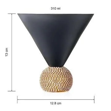 Diamond Studded Martini Glasses Set of 2 Black & Gold Stemless Rimmed Modern Cocktail Glass , Rhinestone Diamonds With Stemless Crystal Ball Base , Bar or Party 10 . 5oz , Shiny Style Crystals