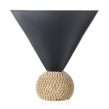 Diamond Studded Martini Glasses Set of 2 Black & Gold Stemless Rimmed Modern Cocktail Glass , Rhinestone Diamonds With Stemless Crystal Ball Base , Bar or Party 10 . 5oz , Shiny Style Crystals