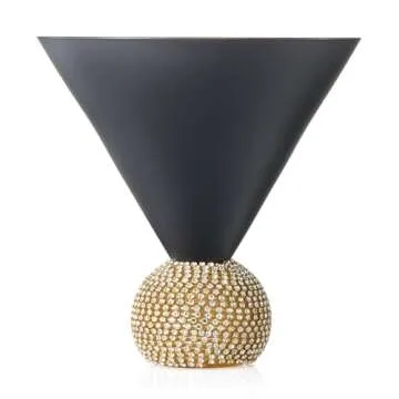 Diamond Studded Martini Glasses Set of 2 Black & Gold Stemless Rimmed Modern Cocktail Glass , Rhinestone Diamonds With Stemless Crystal Ball Base , Bar or Party 10 . 5oz , Shiny Style Crystals