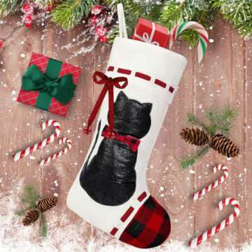Cat Christmas Stocking 19’’ Xmas Pet Hanging Stockings with 3D Black Leather Cat Pattern Oversiz...