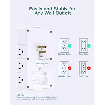 Multi Plug Outlet - Addtam Surge Protector Wall Mount with 12 Outlet Extender- 3 Sides and 3 USB Ports (1 USB-C), Outlet Splitter Power Strip for Home, Office, Hotel, White