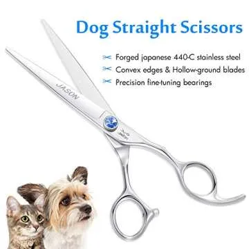 JASON 7" Straight Dog Grooming Scissors, Ergonomic Pets Grooming Shears, Premium Cats Trimming Kit with Offset Handle and Jewelled Screw, Sharp, Comfortable