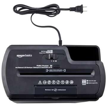 Amazon Basics 8-Sheet Strip Cut Paper, CD, and Credit Card Shredder, 3.2 Gallons Wastebasket, Black