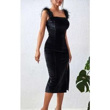 Women's Velvet Split Bodycon Feather Zipper Back Cocktail Party Dress(Black,Medium)