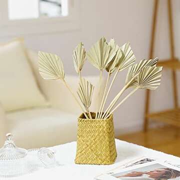Boho Dried Palm Spears Small Natural Dried Palm Fans Dried Palm Leaves Dried Palm Leaf Palm Fan Leaf with Stem Dried Leaf Decor for Vase Wedding Party Office Home Wall Decor (Natural Color,10 Pieces)