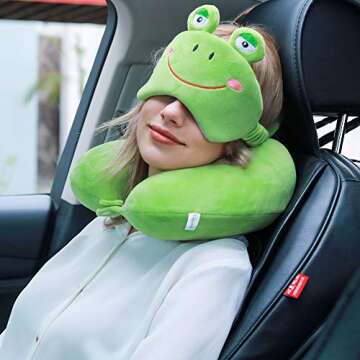 Travel Pillow, Memory Foam Neck Pillow with 360-Degree Head Support Comfortable Airplane Pillow with Storage Bag Lightweight Traveling Pillow for Sleeping, Car, Train, Bus and Home Use (Frog)