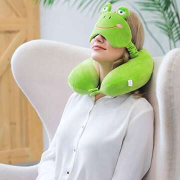 Travel Pillow, Memory Foam Neck Pillow with 360-Degree Head Support Comfortable Airplane Pillow with Storage Bag Lightweight Traveling Pillow for Sleeping, Car, Train, Bus and Home Use (Frog)