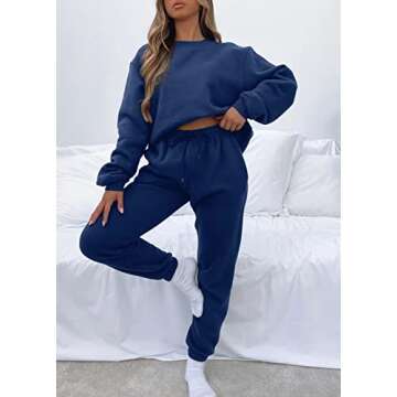 Viatabuna Women's 2 Piece Fleece Sweatsuit Outfit Long Sleeve Crewneck Pullover Sweatshirt Drawstring Jogger Pants Lounge Set