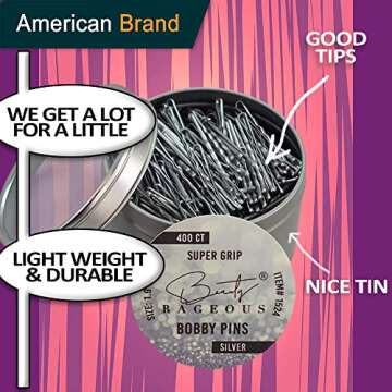 Super Grip Bobby Pins - Women's 1.9 Inch - Easy, Secure, All Hair Types - Handy Reusable Tin (Silver - 400 Ct Approx)