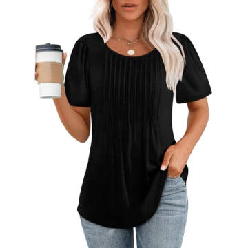 Womens Black T-Shirts for Casual Business Work - Short Sleeve Pleated Front Tops