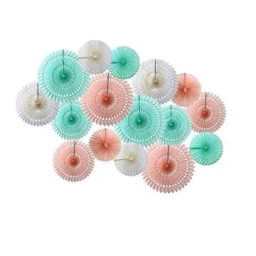 iEventStar 16 pcs Paper Fan Tissue Pom Birthday Wedding Party Decoration (Pink+Blue+Beige)