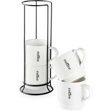 LAUCHUH Set of 4 Stackable Coffee Mugs - 15 oz Porcelain for Home & Gifts