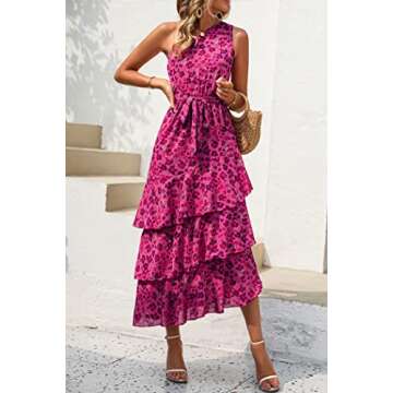 PRETTYGARDEN Women's Summer Floral Sundress Casual One Shoulder Tiered Ruffle Flowy Midi Beach Boho Dresses (Floral Rose Red,Medium)