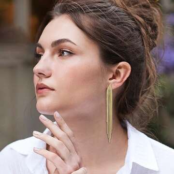 4Pcs Gold Long Tassel Dangle Earrings for Women Long Threader Earrings Chain Drop Earrings for Womens (long tassel earrings gold)