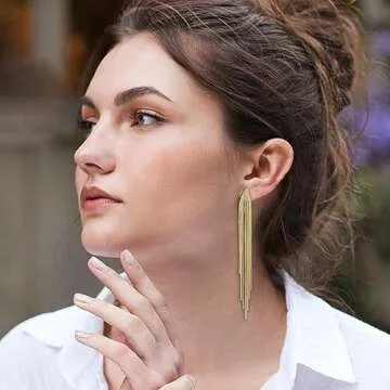 4Pcs Gold Long Tassel Dangle Earrings for Women Long Threader Earrings Chain Drop Earrings for Womens (long tassel earrings gold)